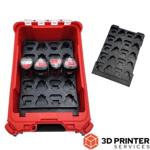 May include: A bright red rectangular tool storage case containing a black plastic insert with multiple molded slots for batteries. Four black and red battery packs are seated in the slots. A separate black plastic battery organizer tray is shown.