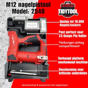 Puede incluir: Una clavadora roja y negra, modelo 2540, con el texto "M12 nagelpistool". La herramienta está en una caja negra con el logotipo "TIDYTOOL". La imagen también muestra texto sobre la capacidad de almacenamiento y las características.