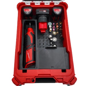 May include: A red and black power tool kit with a variety of accessories. The kit includes a rotary tool, batteries, and various grinding and polishing bits. The case is red with black compartments and a clear lid.