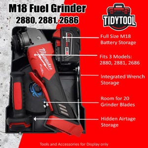 May include: A red and black M18 Fuel Grinder with the text "Milwaukee FUEL" and "M18 REDLITHIUM XC 5.0". The image also shows a storage case with the text "TIDYTOOL" and "Full Size M18 Battery Storage".