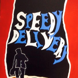 May include: A black and blue sign with the words "Speedy Delivery" in white lettering. A silhouette of a person carrying a suitcase stands on a colorful, patterned surface.
