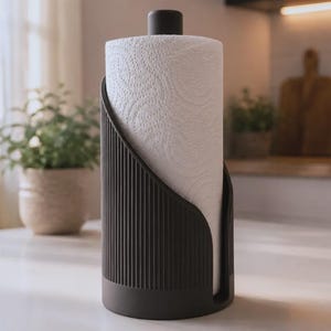 Könnte beinhalten: Ein dunkel anthrazitfarbener Küchenrollenhalter mit vertikaler Rippenstruktur und zylindrischem Fuß. Der Halter hat ein geschwungenes Design mit offener Vorderseite, das eine Standardrolle weißer Küchenrolle mit Muster teilweise umschließt.