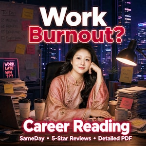 Può includere: Un grafico digitale con il testo Work Burnout? e Career Reading, SameDay, 5-Star Reviews, Detailed PDF. Una persona con un top rosa a motivi siede a una scrivania con pile di carta, tazze di caffè con le scritte Another Meeting, Need Coffee, Focus Plan Grow e un'insegna al neon con Work Late Win ???.