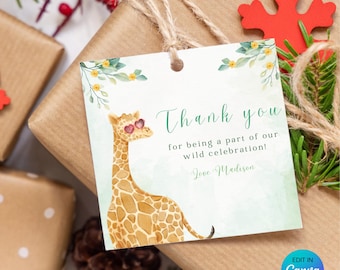 Etiqueta de regalo con forma de jirafa, etiqueta personalizada para fiesta de safari, etiqueta de regalo digital con temática de jungla, etiqueta de regalo de cumpleaños editable, etiqueta Wild One
