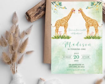 Invitación de primer cumpleaños con temática de safari, selva y jirafa (invitación digital)