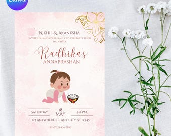 Plantilla de invitación para la ceremonia de Annaprashan, Ceremonia del Arroz para Bebés, Tema Rosa (Tarjeta Digital)
