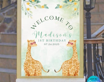 Letrero de bienvenida para el primer cumpleaños de jirafa, letrero de bienvenida personalizado, temática de jungla, safari, tablero de bienvenida editable de "salvaje", temática de animales bebés.