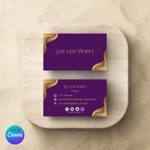Sjabloon voor luxe visitekaartjes, premium paars en goud bewerkbaar ontwerp, aanpasbaar elegant visitekaartje voor professionals, ondernemers