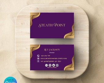 Plantilla de tarjeta de visita en morado y dorado, diseño elegante (editable en Canva)