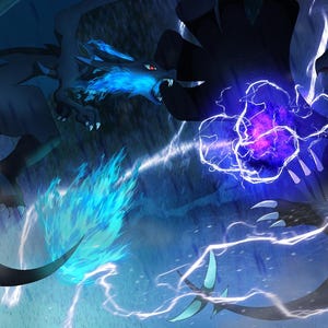 May include: Digital illustration of two dragons in a battle scene. One dragon breathes blue flames, while the other emits a purple energy blast. Lightning bolts streak across a dark, stormy sky.