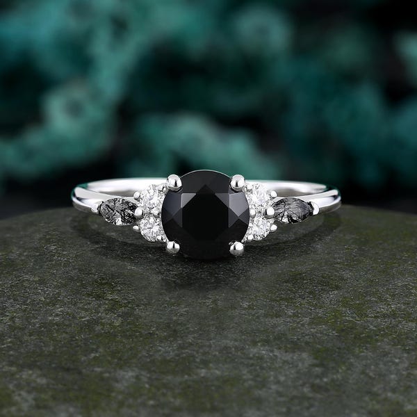 Black Onyx White Gold Engagement Ring, Marquise Black Rutilated Quartz Wedding Ring, Seven Stone Moissanite Diamond Anniversary Bridal Ring