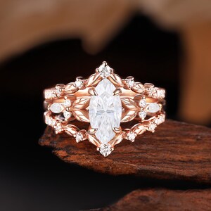 Marquise Cut Moissanite Engagement Bridal Set, Rose Gold Enhancer Wedding Band, Vintage Leaf Diamond Ring, Promise Anniversary Wedding Ring
