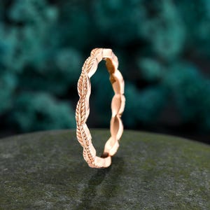 Nature Inspired Leaf Rose Gold Wedding Band, Full Eternity Stacking Ring, Promise Plain Gold Matching Ring, Delicate Anniversary Ring Women