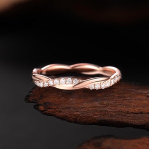 Vigselring med tvinnad diamant, tvinnad ring i 14 karat roséguld, matchande alliansring, elegant stapelbar ring, elegant bröllopsdagsring