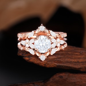 Moissanite Engagement Ring Bridal Set Rose Gold Enhancer Wedding Band Unique Nature inspired Leaf Ring Marquise Cut Diamond Anniversary Ring