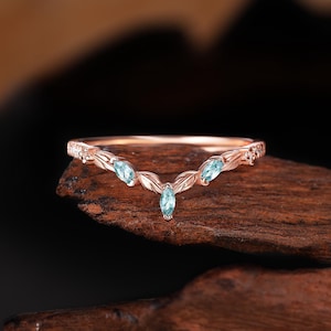 Marquise Cut Moss Agate Wedding Band, Vintage Rose Gold Ring, Nature Inspired Leaf Ring, Bridal Matching Ring, Anniversary Stackable Ring
