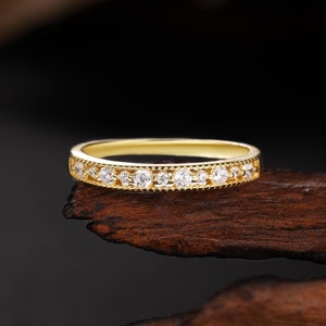 Vintage Yellow Gold Wedding Band, Milgrain Stackable Ring, Half Eternity Matching Ring, Delicate Bridal Ring Women, Dainty Anniversary Ring