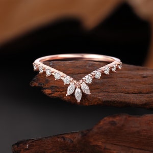 Marquise Cut Moissanite Ring Rose Gold Curved Wedding Band Half Eternity Stacking Ring Bridal Matching Ring Unique Anniversary Promise Ring