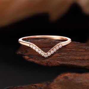 Chevron Wedding Band Rose Gold Diamond Curved Bridal Ring Dainty Bridal Stackable Ring Unique Matching Ring Anniversary Promise Ring Women