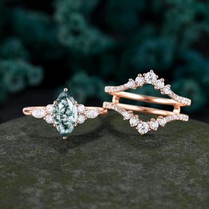 Marquise Cut Moss Agate Engagement Ring, Moissanite Anniversary Rose Gold Stacking Enhancer Wedding Band, Diamond Chevron Curved Bridal Set