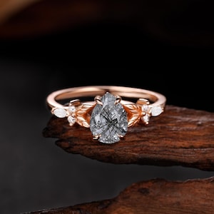 Pear Shaped Black Rutilated Quartz Rose Gold Engagement Ring Prong Leaf Moissanite Wedding Ring Marquise Cut Diamond Anniversary Bridal Ring