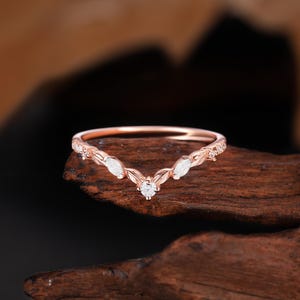 Marquise Cut Moissanite Rose Gold Wedding Band Nature Inspired Diamond Leaf Ring Anniversary Bridal Matching Ring Stacking Ring Gift for Her