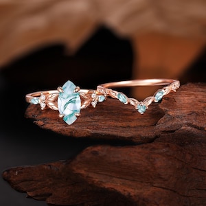 Vintage Leaf Engagement Ring Set, Rose Gold Curved Wedding Band, Marquise Cut Moss Agate Ring, Unique Bridal Set, Anniversary Promise Ring