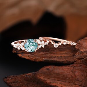 Moss Agate Engagement Ring Set, Unique Rose Gold Wedding Band, Marquise Cut Moissanite Bridal Set, Nature Inspired Leaf Ring, Diamond Ring