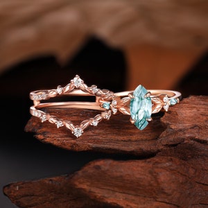 Marquise Cut Moss Agate Engagement Ring Set, Rose Gold Enhancer Wedding Band, Vintage Leaf Bridal Set, Moissanite Diamond Anniversary Ring