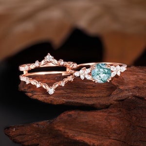 Moss Agate Rose Gold Engagement Ring Set, Enhancer Wedding Band, Vintage Moissanite Leaf Bridal Set, Marquise Cut Diamond Anniversary Ring
