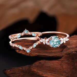 Round Cut Moss Agate Engagement Ring Set, Rose Gold Enhancer Wedding Band, Vintage Leaf Bridal Set, Marquise Cut Moissanite Anniversary Ring