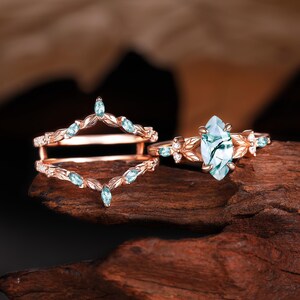 Marquise Cut Moss Agate Engagement Ring Set Rose Gold Enhancer Wedding Band Leaf Moissanite Split Bridal Set Diamond Anniversary Ring Women