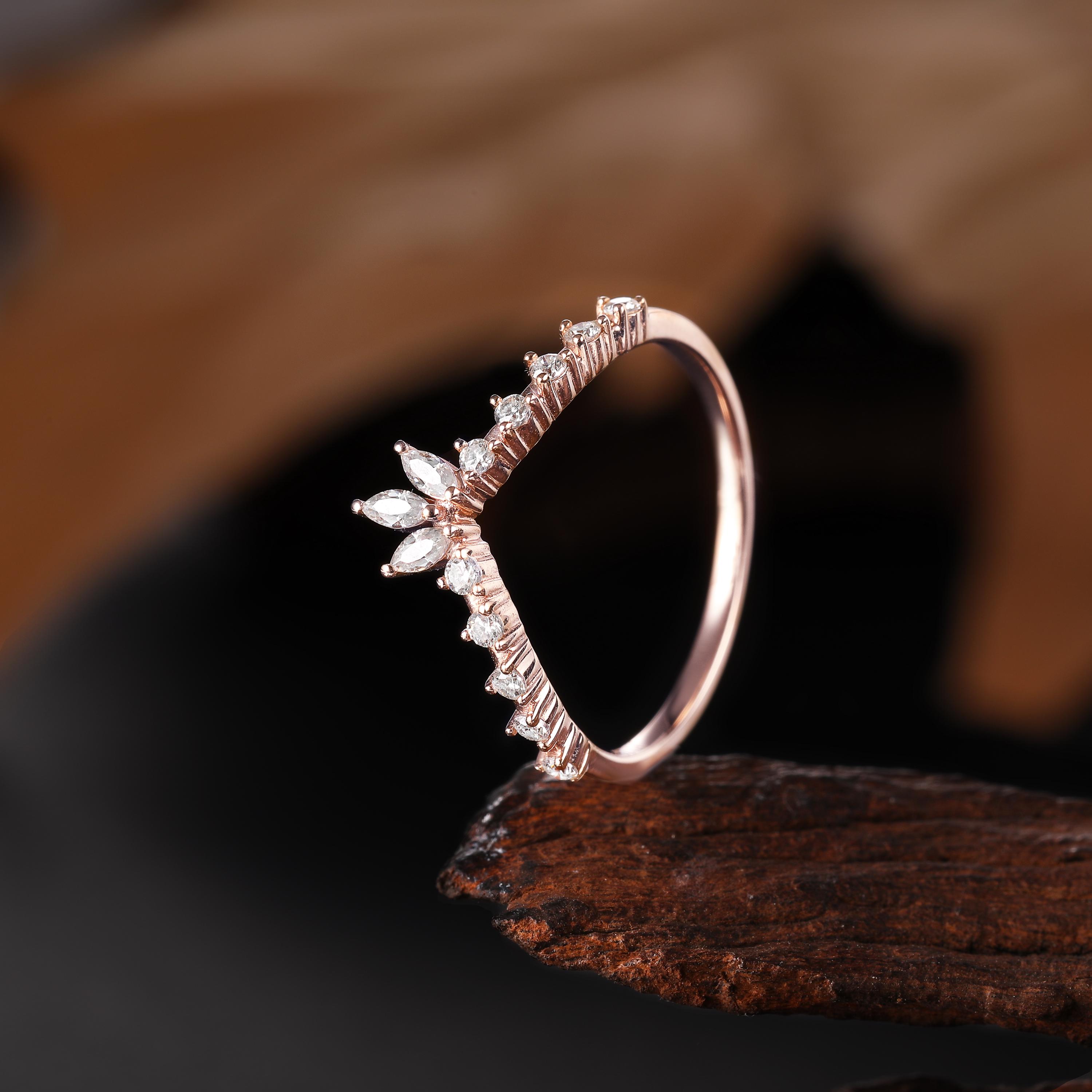 Marquise Cut Moissanite Ring Rose Gold Curved Wedding Band Half ...