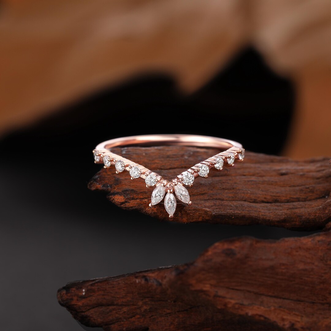 Marquise Cut Moissanite Ring Rose Gold Curved Wedding Band Half ...