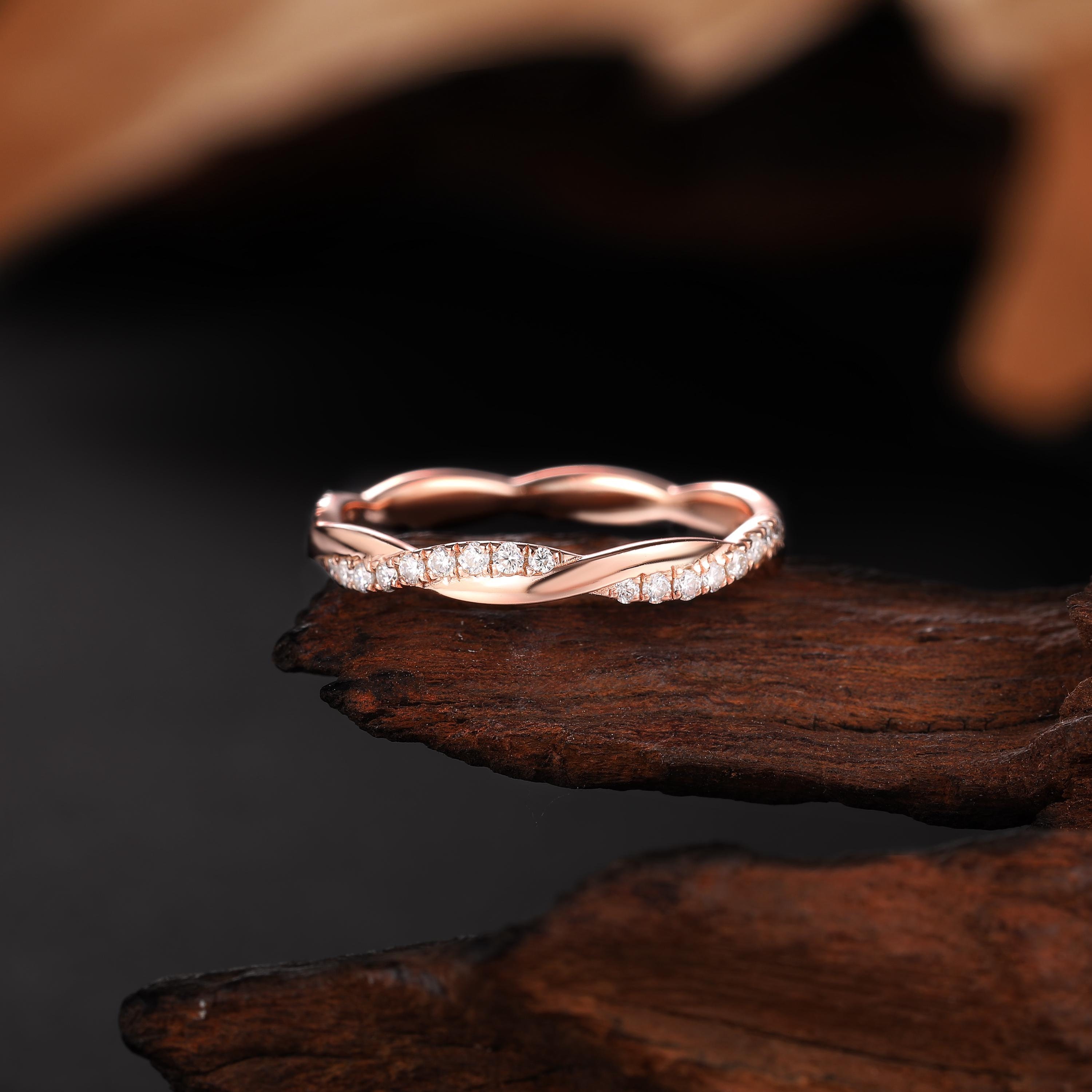 Twisted Diamond Wedding Band, 14K Rose Gold Twist Ring, Full Eternity ...