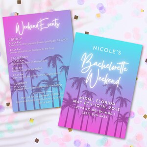 Miami Bachelorette Party Invitation & Itinerary Template | Neon, Sunset, and Palm Trees