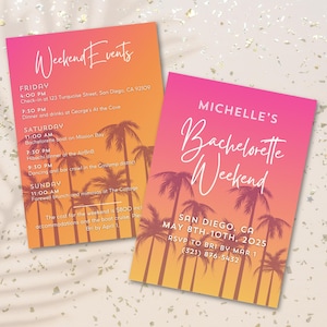 Beach Bachelorette Party Invitation & Itinerary Template | San Diego, LA, Miami, Coastal Bachelorette Party Invitation | Sunset + Palm Trees