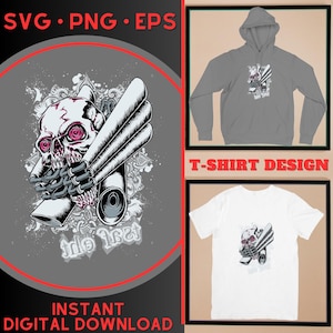 May include: A graphic design featuring a skull with pink eyes and a set of exhaust pipes. The skull is surrounded by a decorative design with the words "Into the Rest". The design is shown on a gray background and on a white t-shirt.
