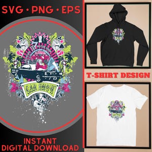 May include: A colorful graphic design featuring a vintage car, a woman, and playing cards. The design includes the text "Las Vegas Motor Show" and "Car Show".