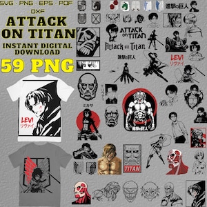 Puede incluir: Un conjunto de 59 imágenes PNG digitales con personajes y símbolos de la popular serie de anime Attack on Titan. Las imágenes incluyen personajes como Levi, Mikasa y el Titán Colosal, así como el icónico símbolo de las Alas de la Libertad. Las imágenes son en blanco y negro y son adecuadas para usar en manualidades, scrapbooking y proyectos de diseño digital.