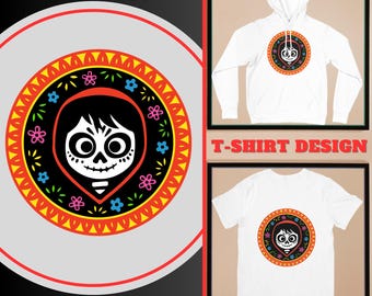May include: A digital download design featuring a cartoon character with a sugar skull face wearing a red hooded cloak. The character is surrounded by a colorful floral pattern and a black and yellow border. The design is shown on a white t-shirt and a white hoodie. The text "T-SHIRT DESIGN" is visible below the hoodie. The text "INSTANT DIGITAL DOWNLOAD" is visible below the design.