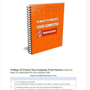 Peut inclure: Un livre orange à spirales intitulé "10 Ways to Protect Your Computer From Hackers". La couverture présente du texte blanc et un graphique. Le livre est incliné, montrant sa conception de couverture.