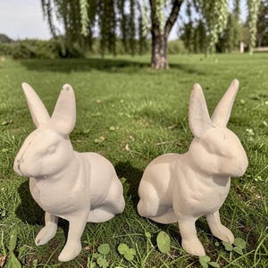 May include: Two off-white, matte-finished rabbit figurines in a seated position. Each rabbit features upright ears, a defined snout, and a textured surface. The figures are identical in shape and color, displaying a solid, opaque appearance with subtle seam lines visible along the ears and head, presented as a pair of decorative animal sculptures.