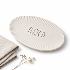 Rae Dunn ENJOY Oval Platter | Farmhouse Ceramic Serving Plate | 10x6 Inch Stoneware Tray