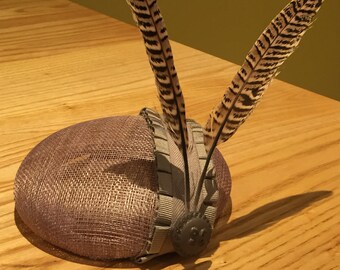 Pink & grey pheasant feather hat