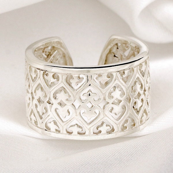 Herz Silberring mit Gravur - Textur Künstlerischer Breiter Ring - 925 Sterling Silber Verstellbar Unisex Statement Schmuck - Orientalisches Motiv