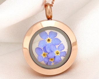 Forget Me Not Locket Rose Gold Necklace  - 925 Sterling - Nature Inspired Romantic Forgetmenot Jewelry Wedding Bridesmaid Gift For Her