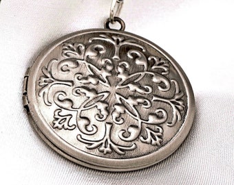 Engraved Photo Locket Necklace: Antiqued Silver Personalized Jewelry