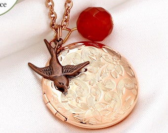 Custom Engraved Photo Locket Monogram Necklace - Rose Gold Swallow Agate Gemstone Jewelry - Good Luck Long Distance Gift