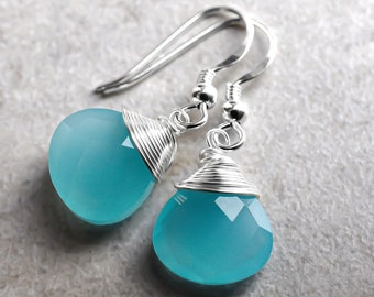 Pendientes colgantes AQUA CHALCEDONY - Pendientes de piedras preciosas de plata de ley 925 - Alambre de joyería azul envuelto - Idea de regalo de piedras preciosas - Caja de joyería